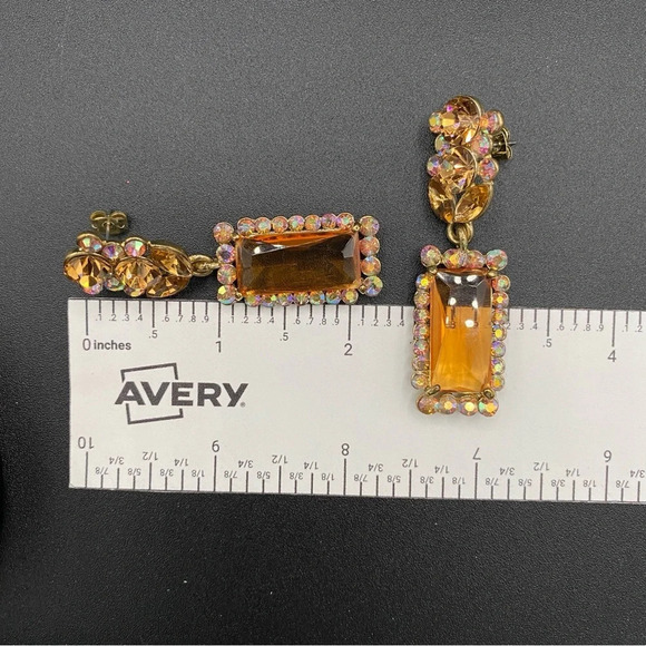 Glamorous Topaz and Aurora Borealis Glass and Rhinestone Drop Earrings Pierced - Picture 3 of 13